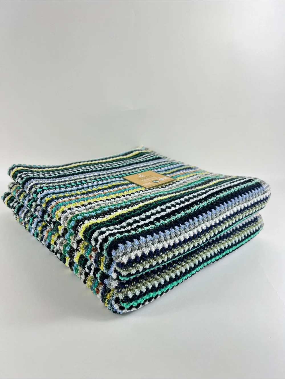 Deborah Connolly Bath Towels Boho Striped Blue Green Aqua Cotton 2 Pc Set NEW